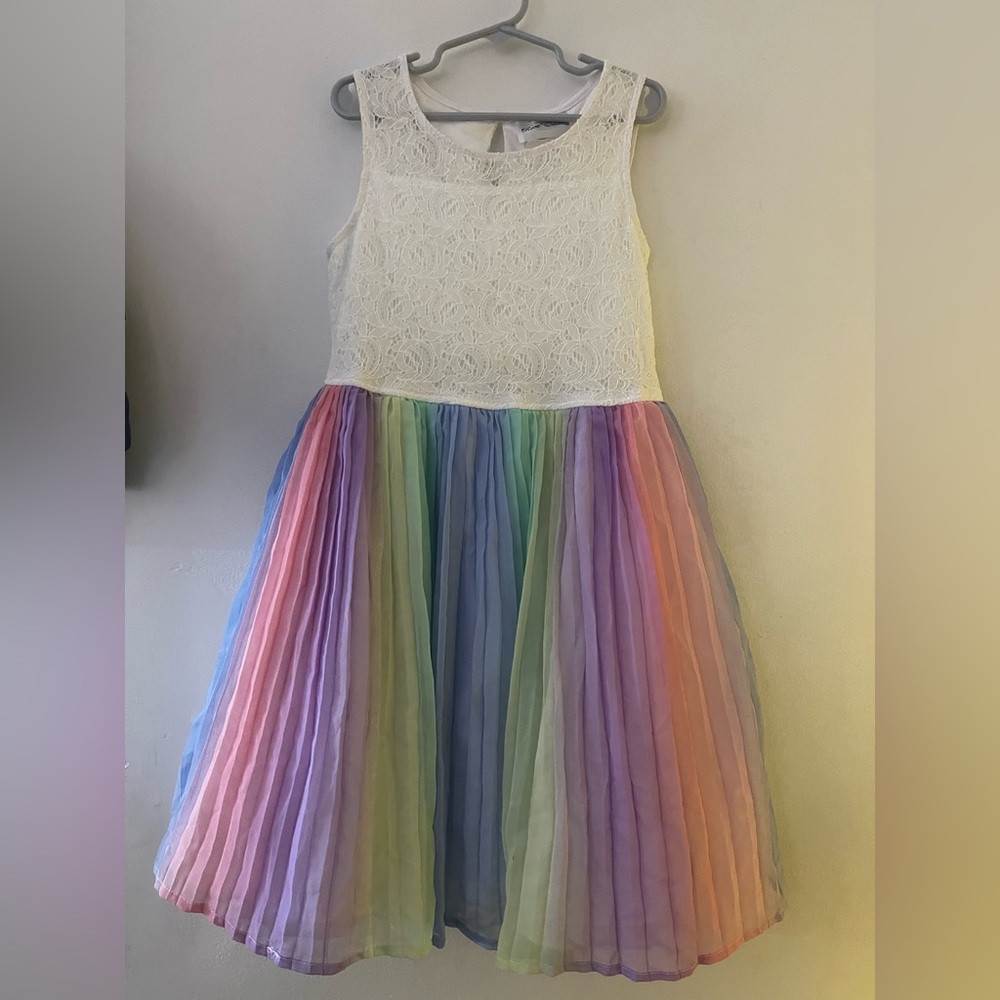 Rare Editions White Lace Top with Rainbow Skirt Dress size 12